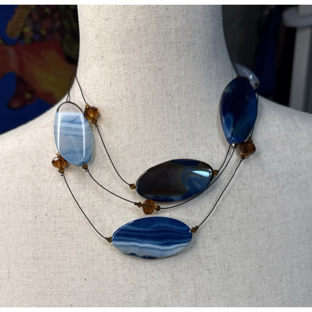 Blue Agate Multi-Strand Necklace Amber Beads Hook Silver Tone Vintage